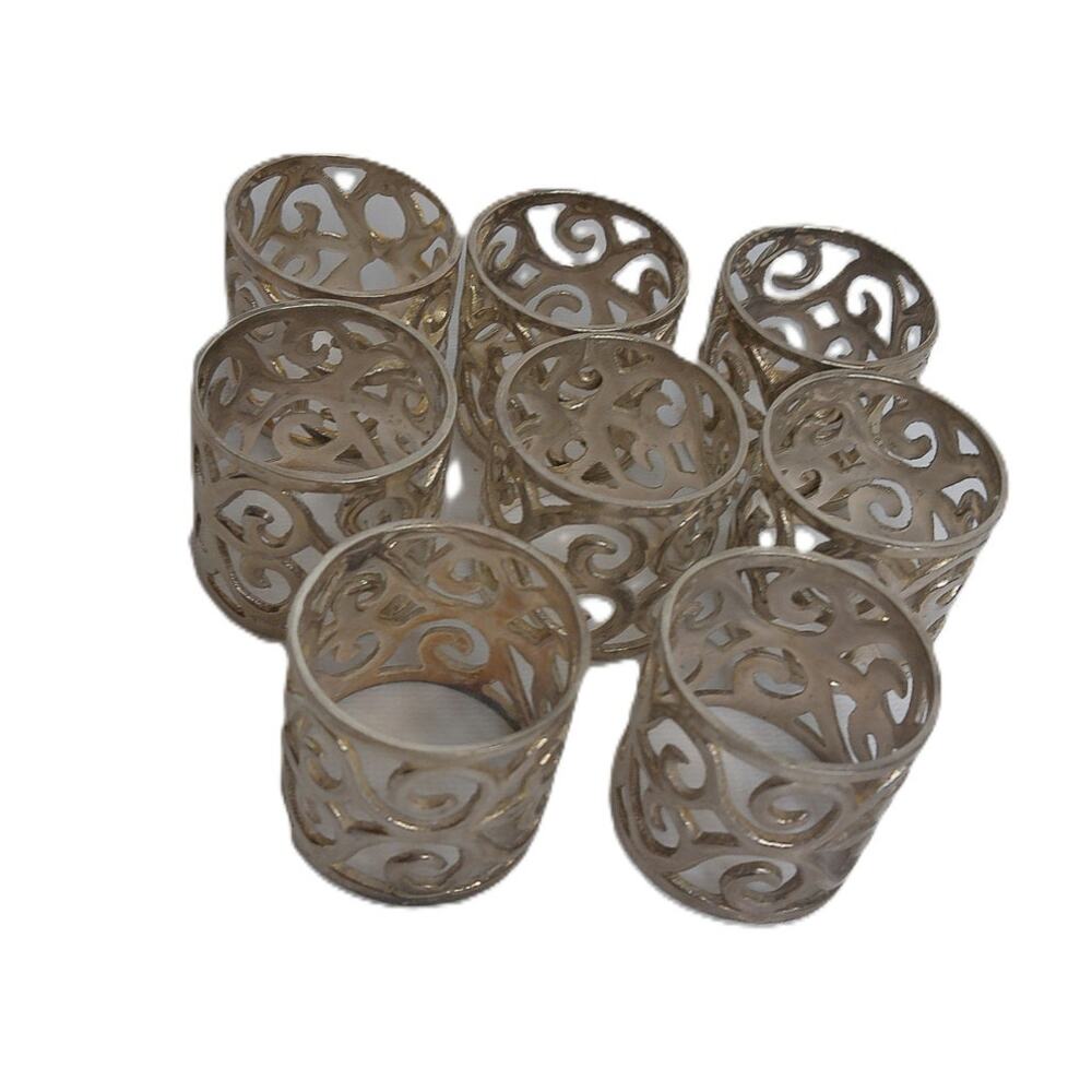 Vintage International Silver Co Silverplated Filigree Scroll Napkin Rings Set 8 - Picture 7 of 7